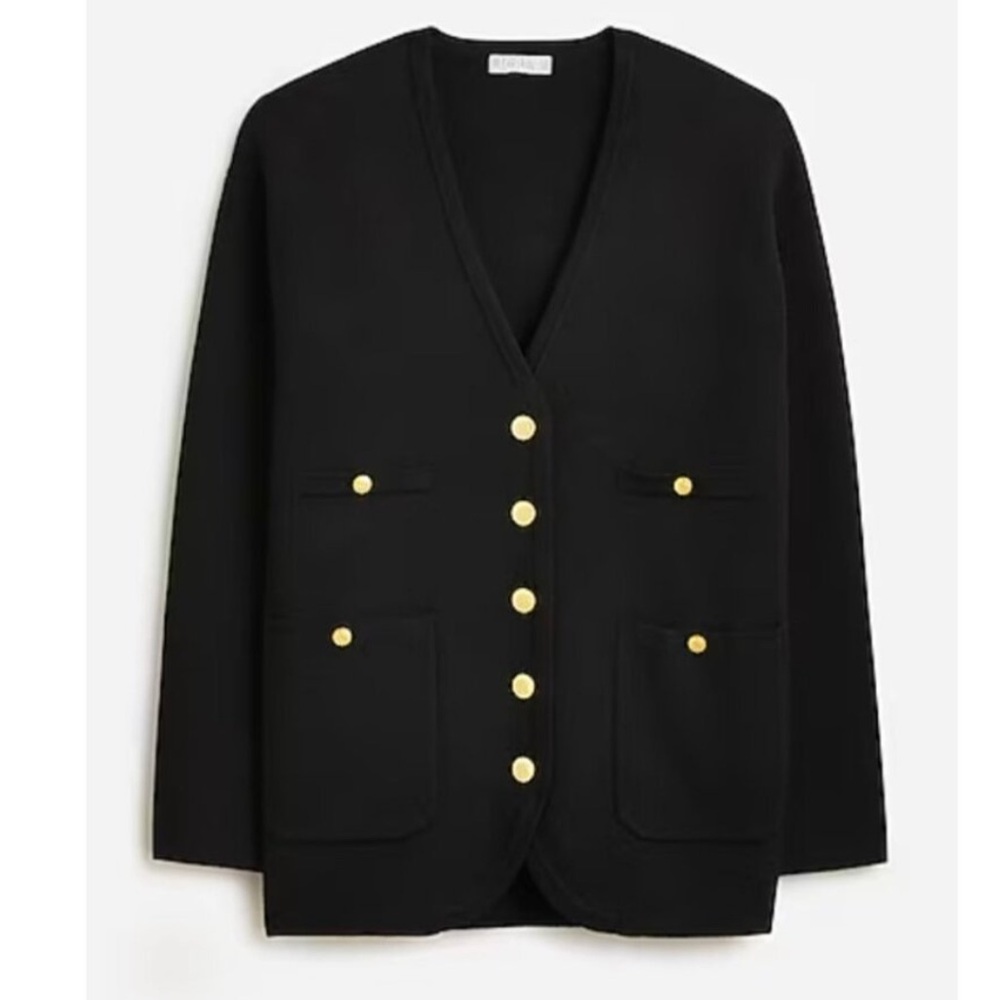 J Crew Black Extra Long V Neck Sweater Cardigan Blazer Gold Button XS
